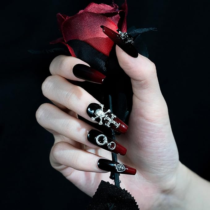 Sun&Beam Nails Handmade Press-on Long Coffin Ballerina Black Grey Ombre Halloween Design Fashion False Nail Tips 10 Pcs Set (#275 XS)