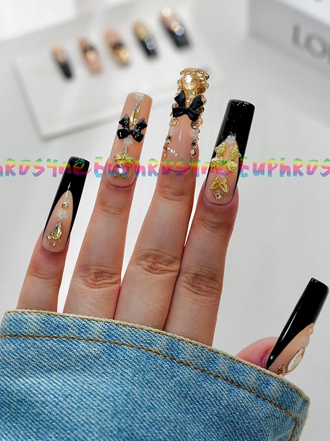 Euphrosyne Y2K Press On Nails – Long Coffin Nails in Black & Nude Pink with Sparkly Rhinestones & 3D Bows | 10pcs Trendy Glam Fake Nails for Party or Daily Wear