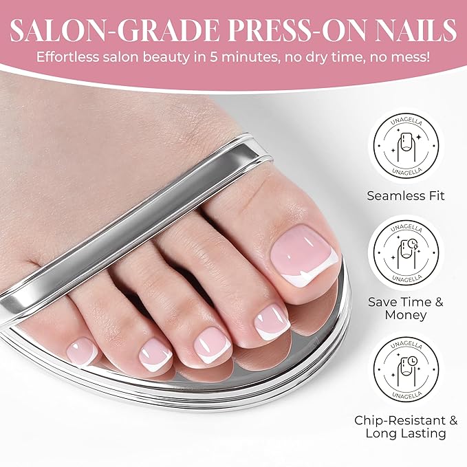 UNA GELLA Press On Toenails Short: Pink French Square Soft Gel Toe Nail Press Ons Kit with Adhesive Tabs Glue on Nails, 16 Sizes - 32Pcs Reusable Short Fake Toenails Kit, Gift for Women Girls