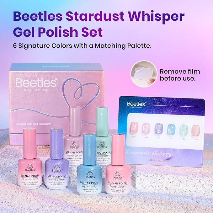 Beetles Stardust Whisper Cat Eye Gel Nail Polish Set - 6 Colors Spring Gel Polish Kit Glitter Cat Eye Pink Blue Purple Red Green Velvet Gel Magnet Soak Off UV French Nail Art Manicure Gift for Women