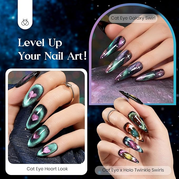 Beetles Cat Eye Gel Nail Polish Set - 6 Colors Halloween Chameleon Cat Eye Black Glitter Red Blue Gold Green Orange Gel Polish with Magnet Soak Off UV Velvet Gel Salon French Nail Art Gift for Women