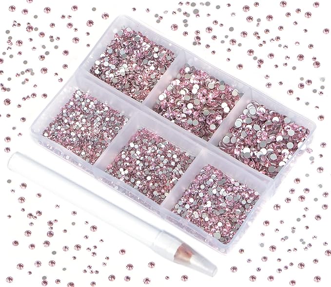 Bymitel 7200 Pieces 6 Mixed Sizes Glue Fix on Glass Rhinestones Round Crystal Gems Flatback for DIY Jewelry Making with one Picking Pen(6-Sizes 7200PCS, Lt. Rose)