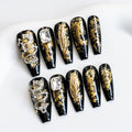Sun&Beam Nails Handmade Long Coffin Ballerina Black Gold False Nail Tips with Cute 3D Dragon Popular Charm Design Press On Nails 10 Pcs (#52 XS)