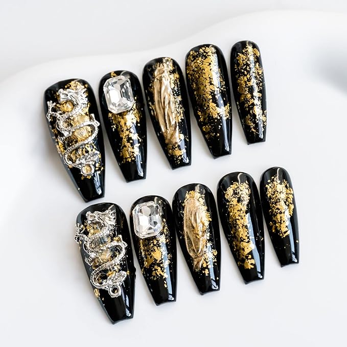 Sun&Beam Nails Handmade Long Coffin Ballerina Black Gold False Nail Tips with Cute 3D Dragon Popular Charm Design Press On 10 Pcs (#52 S), FN-HM-052-S.AU