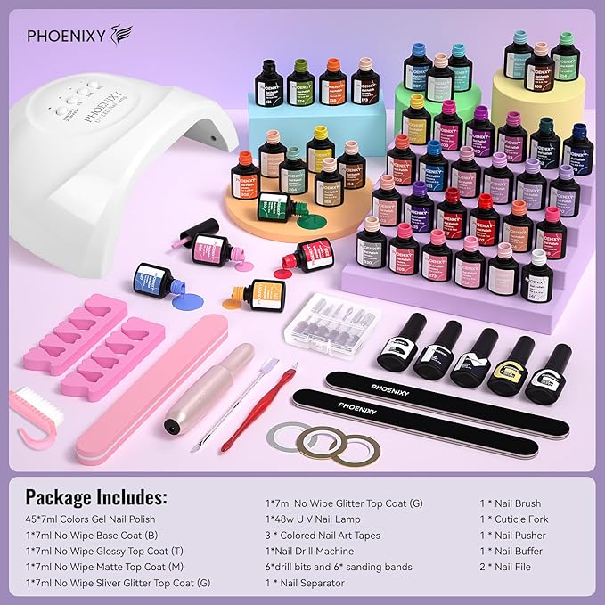 PHOENIXY 63 Pcs Gel Nail Polish Kit with U V Light and Drill, 45 Colors Gel Nail Polish with 5 Pcs Base Top Coat Manicure Starter Nail Polish Set Valentine Gifts for Women