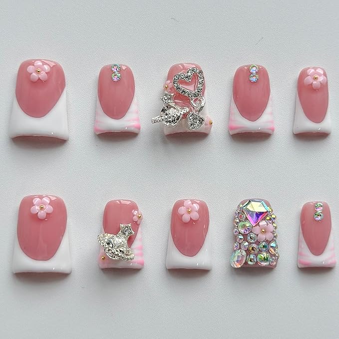 Luxury Press on Nails Short Duck Handmade 3D Unique Reusable ABS Material Fake Nails White French Tip False Nails with Designs Pink Flower Rhinestones Glossy Glue on Nail Thick Acrylic Nail(M)