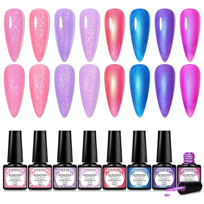 Rubber Base Gel Nail Polish Set Brocade Pink Purple Builder Base Gel in a Bottle Hard Extension Gel Pearlescent Blue 8 Colors Cured for Nails at Home Salon DIY Beginner