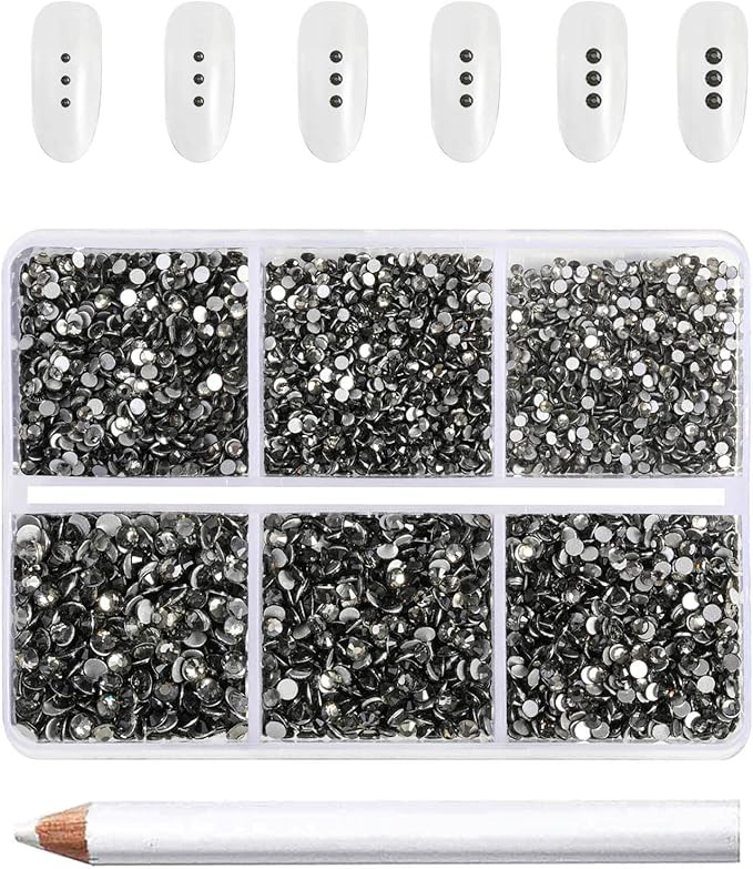 Beadsland 7200pcs Flatback Rhinestones,Gray Rhinestone Nail Gems Round Crystal Rhinestones for Crafts,Mixed 6 Sizes with Wax Pencil Kit, SS3-SS10,Black Diamond