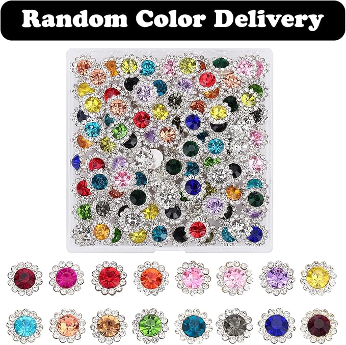 100 Pcs 12MM Sew on Rhinestones Mixed Colors Crystal Glass Metal Base Flower Shape，Flatback Rhinestones for Crafting，Sewing Accessories for Clothes and Shoes