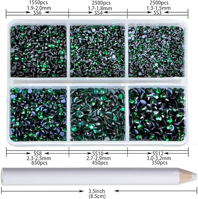 NCB Hotfix Iron on 8000pcs Crystal Rhinestones Round Gem for Crafts Decoration DIY Jewelry Making with a Picking Pen (Emerald, 6Sizes SS3-SS12)