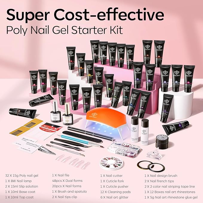 Modelones 133pcs Poly Extension Gel Nail Kit, 32 Colors All Seasons Poly Gel kit with Nail Forms Lamp Slip Solution Builder Thickening Manicure Tools for Starter Salon DIY