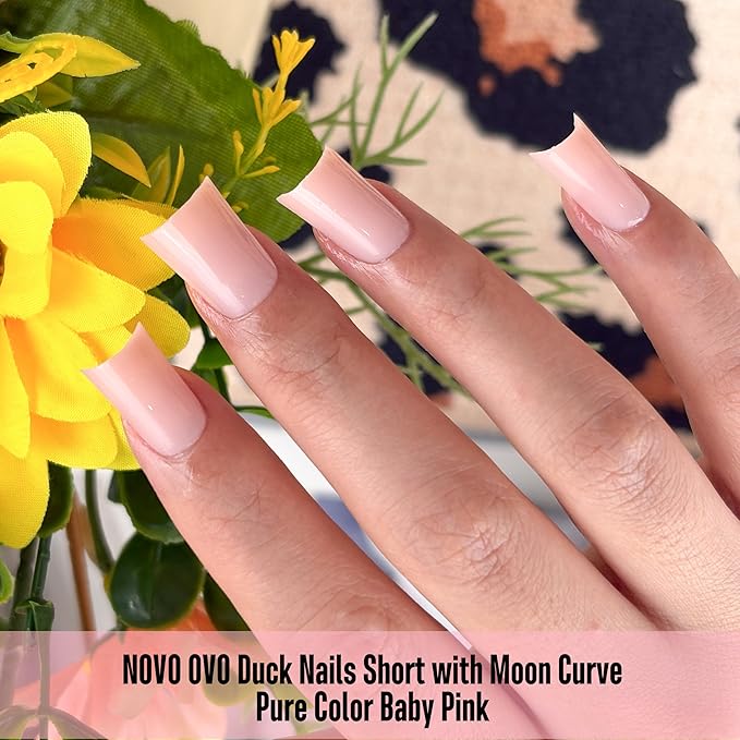 NOVO OVO Short Duck Nail Tips 240Pcs - Solid Baby Pink Soft Gel Flare Duck Feet Nails for Wide Nail Beds, Thick Full Cover False Nail Press Ons, Pre-Shaped Y2K Style Manicure (15 Sizes)