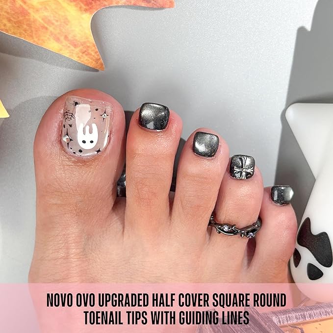 NOVO OVO Upgraded Flexible Half Cover Soft Gel Fake Toe Nail Tips with Auxiliary Line for Toenail Extension, Square Round Medium Wide for Men Women Acrylic French Pedicure Salon DIY x 15 Sizes 300 Pcs