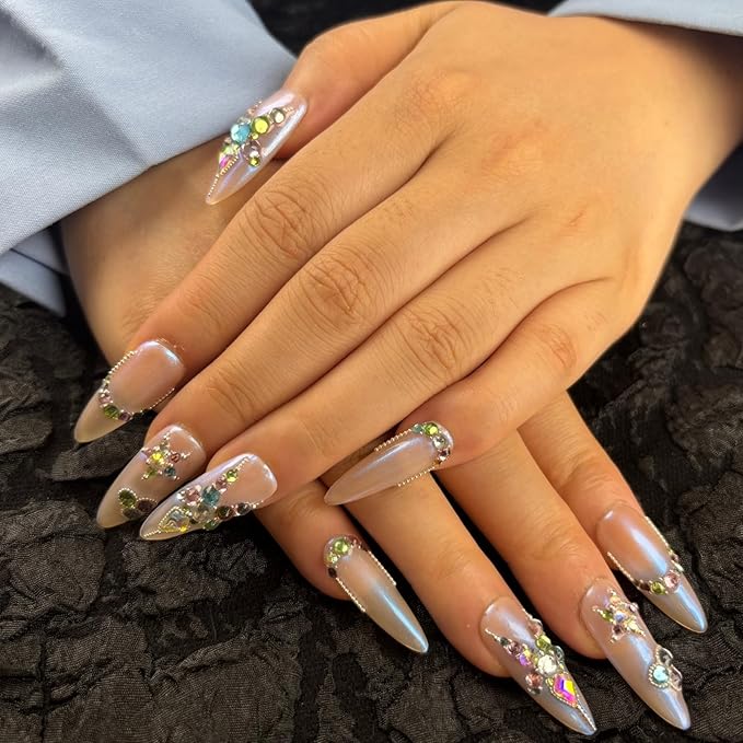 Handmade Medium Press On Nails Almond, Colorful Rhinestones Acrylic Nails,Luxury Nail Press On with Charm Design for Daily&Party Wear(Encounter Rainbow Design Concept）