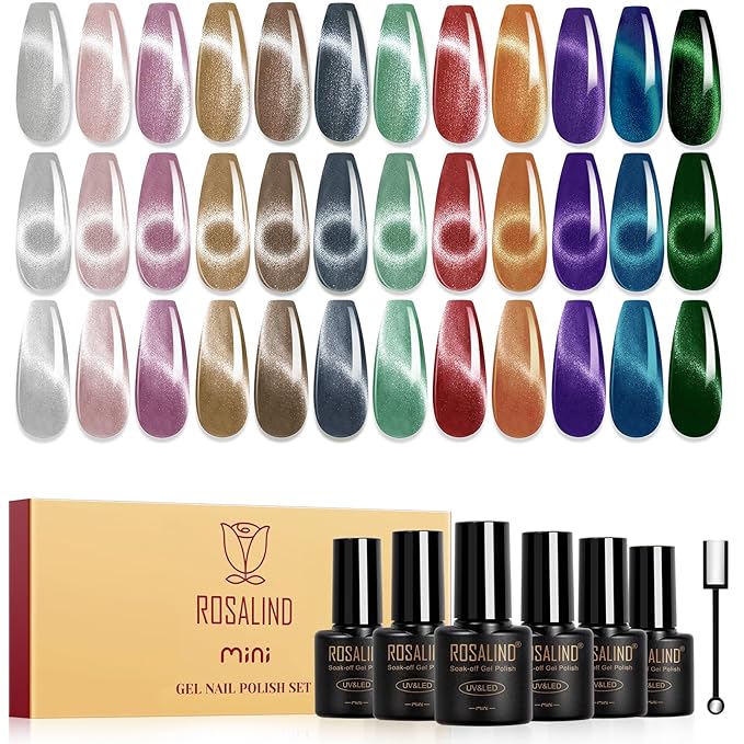 ROSALIND Cat Eye Gel Nail Polish - 12 Colors Cateye Gel Polish with Magnet Stick Sparkle Diamond Effect Soak Off UV Set Magic Magnetic Glitter Nail Art Collection Manicure Gift for Women