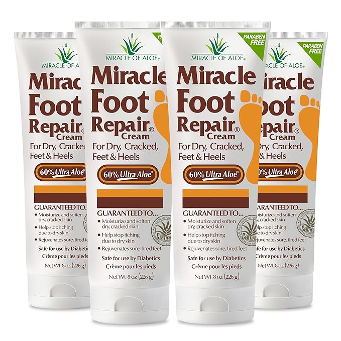 Miracle Foot Repair Cream (8 oz / 4-Pack) Repairs Dry Cracked Heels and Feet, 60% Pure UltraAloe Moisturizes, Softens, and Repairs