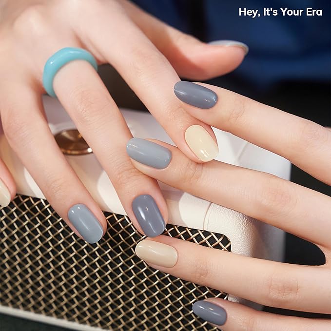 Heyhae Semi Cured Gel Nail Strips | No LED Lamp Needed | Solid, Blue, Spring | Easy Apply & Remove, Salon Quality | Includes 28 Strips, 1 Prep Pads, Nail File & Wooden stick - Hey, It's Your Era
