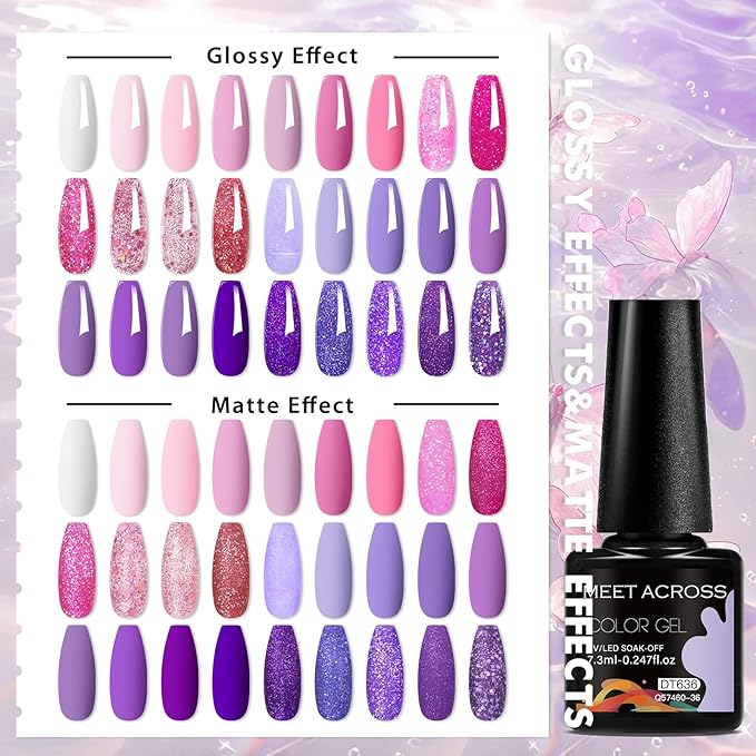 MEET ACROSS 30pcs Gel Nail Polish Set,Soak Off UV LED Lamp Gel Nail Polish Kit,Fashion Shimmer Nail Art Design Gifts for Women Manicure Salon (Pink Purple)