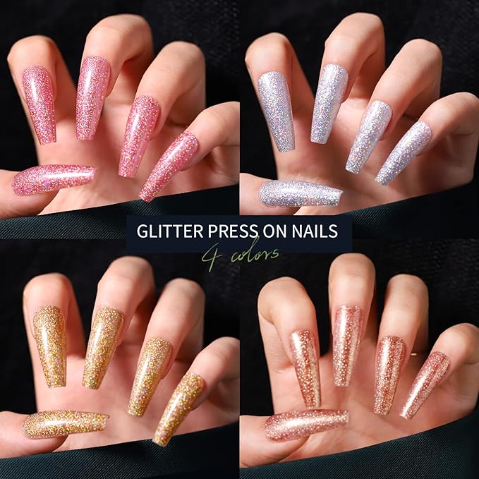 Teenitor Long Coffin Press On Nails, Full Cover Color Coffin Nail Tips, 288pcs Long Ballerina False Nails, 12 Colors Glue On Nails Long Coffin, Glitter Press On False Nails