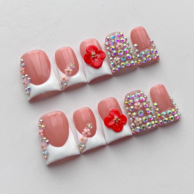 French Tip Press on Nails Handmade Short Duck 3D Flower Thick Acrylic Nails Elegant False Nails with Rhinestones Red Floral Designs White Glossy Fake Nail White Sturdy Art Press on Nail 10Pcs(S)