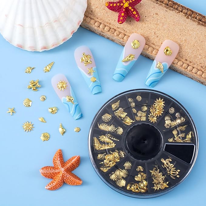 Ocean Nail Charms Nail Art Stickers 2 Disc, Beach Starfish Sea Seashell Charms Decals, Gold Metal 3D Gems Decals for Manicure DIY Embellishments 12 Style