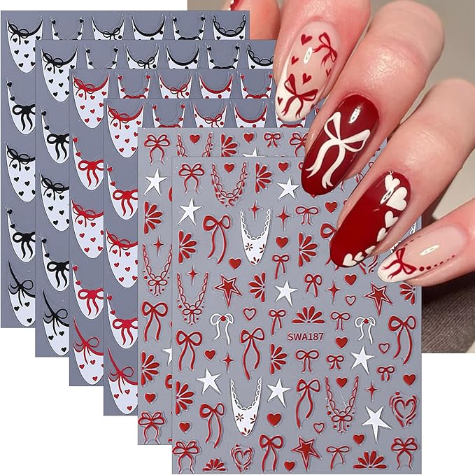 6 Sheets Valentines Day Nail Art Stickers French Tip Nail Stickers Black Red French Tip with Heart Dot Bow Tie Self-Adhesive Design Cute Nail Decals Decorations for Women Acrylic Manicure Salon Tips
