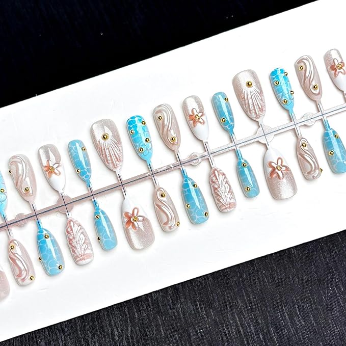 30Pcs Handmade Press on Nails Medium Almond Fake Nails 3D Gold Beads Stick on Nail French Tip Ocean False Nails with Shell Water Ripples Designs Reusable Full Cover Acrylic Nail for Women