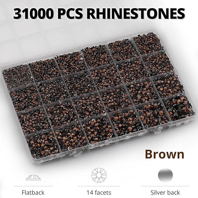 33000Pcs Brown Rhinestones for Bedazzling, Bedazzler Kit with Flatback Craft Rhinestones Brown Bulk and B7000 Glue, 2,3,4,5,6mm Resin Flat Back Crystals for Craftings, Crafts, Clothes, Shoes, Nails