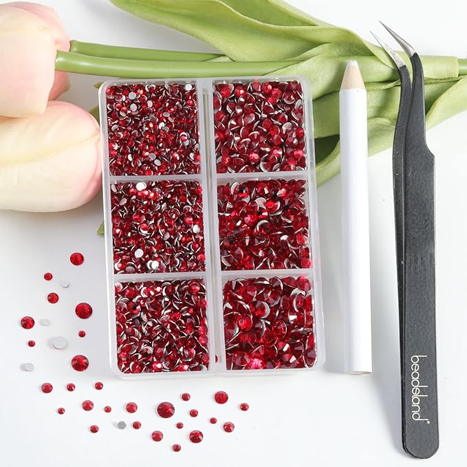 Beadsland 4300pcs Flatback Rhinestones, Red Rhinestone Nail Gems Round Crystal Rhinestones for Crafts,Mixed 6 Sizes with Picking Tweezers and Wax Pencil Kit, SS6-SS20, Siam