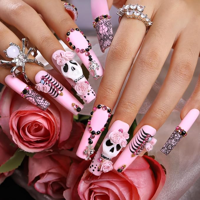 Lovful Halloween Press On Nails with Skeleton | Mid Length Handmade Acrylic Press ons | Reusable Stick on Nails | Square Mid length 1.7in | H660-M