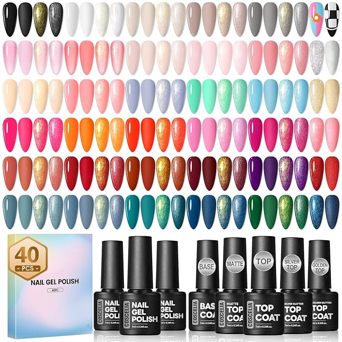 COSCELIA 40PCS Gel Nail Polish Set, 7ml 35 Colors Gel Polish with 5pcs Top and Base Coat Nude White Pink Red Blue Spring Colors All Seasons Nail Art Manicure Starter Kit Gifts for Women