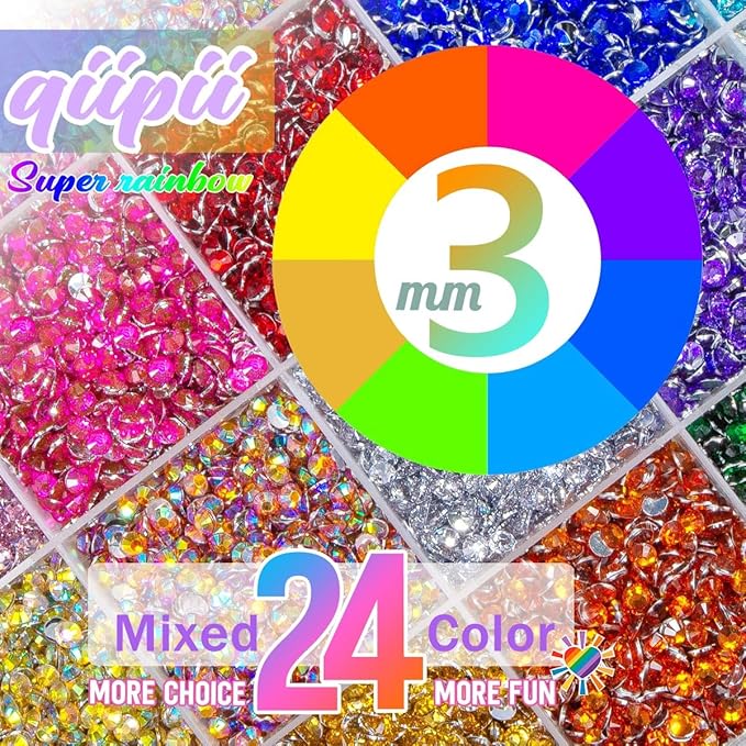 24000Pcs 24 Color 3mm Crystal Resin Rhinestones w B7000 Glue for Bedazzling Crafting Flatback Stones Colorful Crystals Gems Diamonds Charms for Nails Eyes Face Makeup Crafting Tumblers Crafts