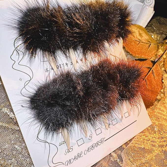 10 Pcs Luxury Press on Nails Medium Curved Stiletto Handmade Cat Claw Reusable Fake Nails Unique Cat Claw False Nails with Black Furry Fur Designs Glossy Glue on Nail Thick Acrylic Nail (S)