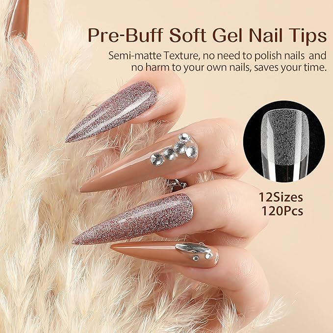 UNA GELLA Stiletto XXL Nail Tips No Need File Extra Long Stiletto Nails Full Cover 120PCS Long Almond Gel Nail Tips Pre-buff Press on Fake Nails for Gel Nail Extension Home DIY Salon 12 Size