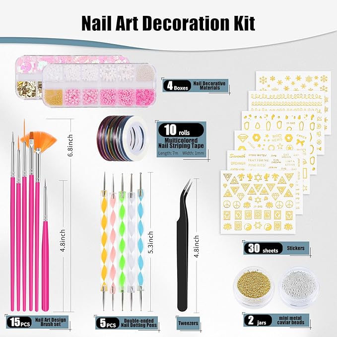 67 in 1 Nail Art Brushes Nail Art Kit,Brushes Dotting Pens with Striping Tape,Mini Metal Caviar Beads Ball,Rhinestones, Pearls,Metallic Foil Flakes,Sequins,Stickers Manicure Design Tools (Hot-pink)