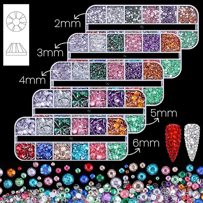 5 Boxes Shiny Colorful Nail Art Rhinestones Nail Stone Gems Design Kit 2-6mm Flatback Round Clear Solid Color Nail Gems with a Curved Tweezers and a Nail Brush (Solid Color kit)