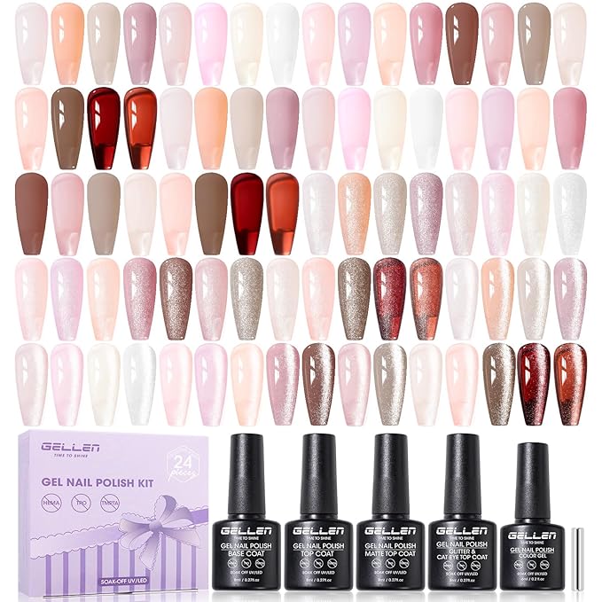 GELLEN Gel Nail Polish Set Nude, 20 Colors Gel Polish HEMA TMPTA TPO 3-free UV Soak off Nail Gel with Glossy Matte Cateye Top Coat and Base Coat, Pink Purple Neutral Nail Art for Women Salon at Home