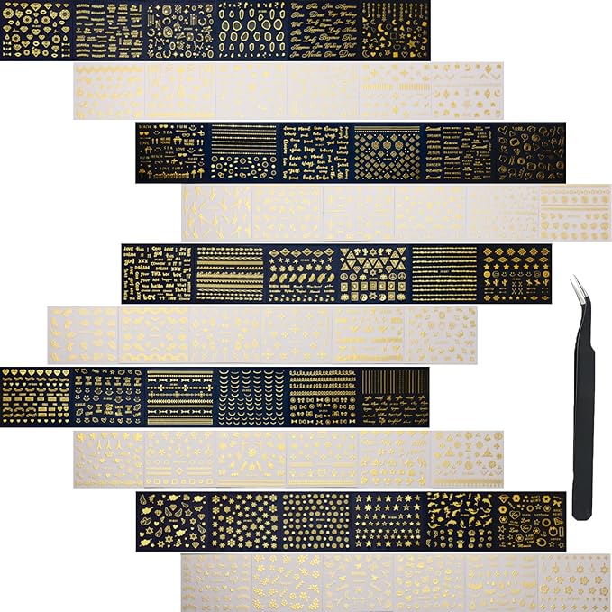 60 Sheets Gold Nail Stickers for Nail Art Gold Nail Art Stickers Decals More Than 2000 Design 3D Self-Adhesive Golden Nail Decals for Women Girls Salon Home DIY Manicure Nail Tweezers Included