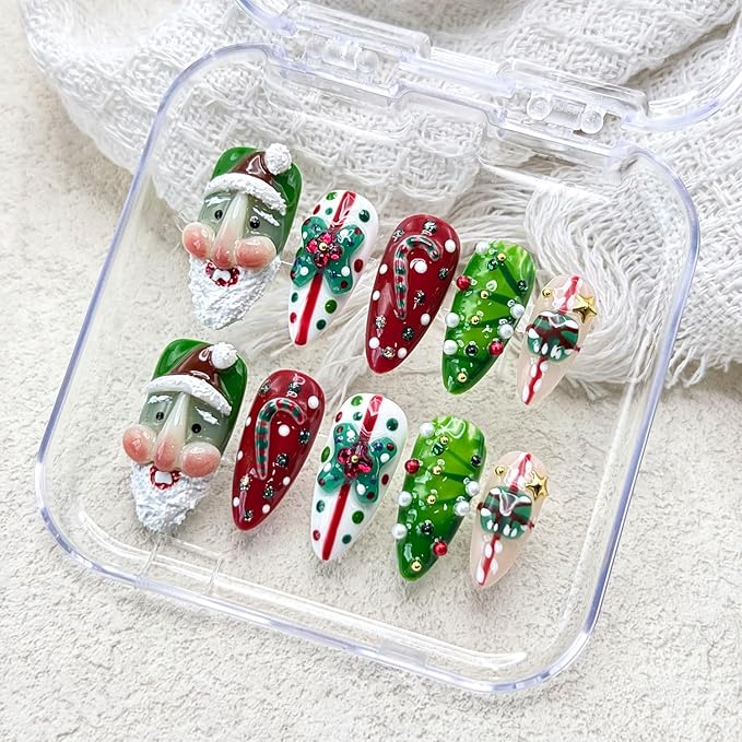 Christmas Press on Nails Medium Almond Handmade Nails with Glue,Green ＆ Red Fake Nails Cute 3D Santa Claus Designs Muti-Layer Gel Handmade Acrylic Full Cover Thick False Nails for Women (Size S)