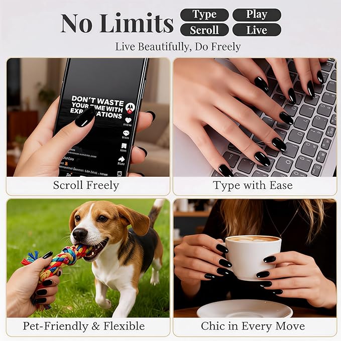 Black Gothic Press On Nails Short - No Glue Square Acrylic Fake Nails, Chip-Free Breathable Fit with Nail File for Beginners, 24 Nails in 12 Sizes