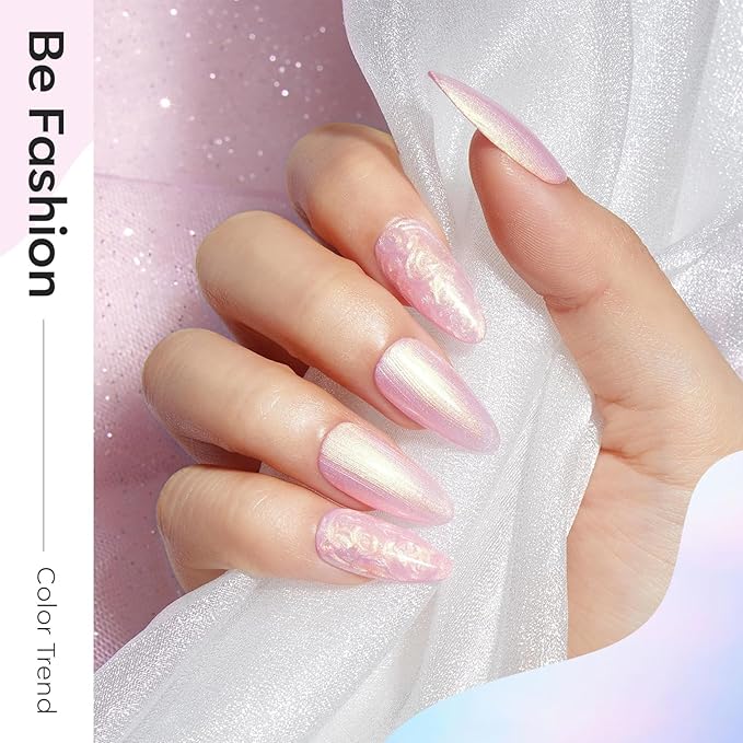 modelones Pearl Gel Nail Polish Set, 6 Colors 2026 Spring Aurora Iridescent Shimmer White Pink Purple Mermaid Nail Drawing Glitter Gel Polish LED Swirl Shell Thread Effect with Dotting Pen DIY Gift