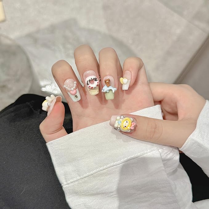 Thick Gel Press On Nails,Pink Acrylic Handmade Square Fake Nails, Reusable Cute colorful kitty Kawaii Luxury Glue On Nails Set With Application Tools,10 pcs Size L,#2408