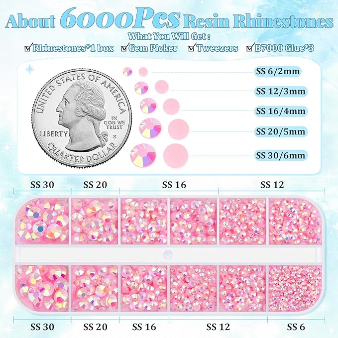 6000Pcs Resin Rhinestones for Bedazzling with 3Pcs B7000 Jewelry Glue, 1 Box Light Pink Flatback Rhinestones for Crafting Crafts DIY, Crystals Gems for Clothing Shoes Tumblers Nail Art Makeup
