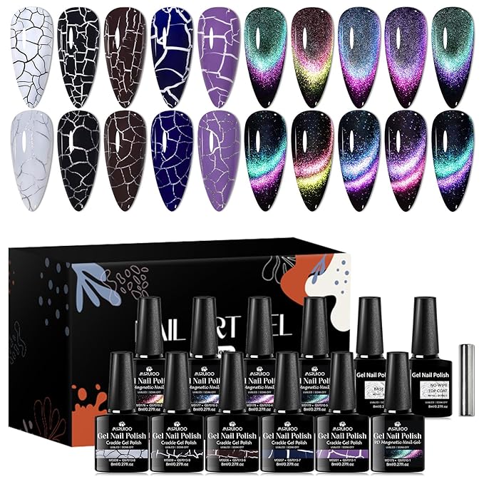 12PCS Crackle Gel Nail Polish + 9D Cat Eye Gel Polish Set Magic Black Crackle Nail Polish Magnetic Cat Eye Effect Manicure DIY Nail Art 10 Colors
