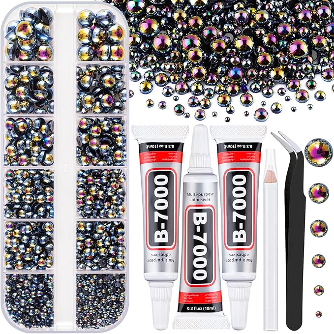 Flatback Pearls for Crafting with 3Pcs 10ml B7000 Jewelry Glue, 1 Box of Half Round Black AB Pearls, Bedazzling Beads for DIY Crafts Clothing Tumblers Shoes Embellishment Nail Art