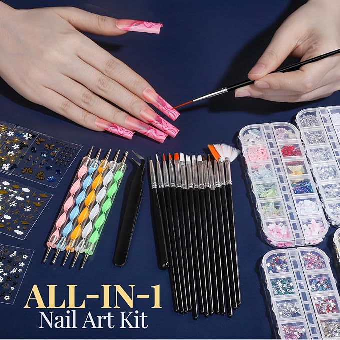 FANDAMEI Nail Art Brushes, Nail Art Kit with 15 Pcs Nail Art Brush, 5 Pcs Dotting Tools, 6 Box Nail Charms and Gems, 10 Flower Nail Stickers, Complete Nail Decoration Art with Nail Art Brushes Black