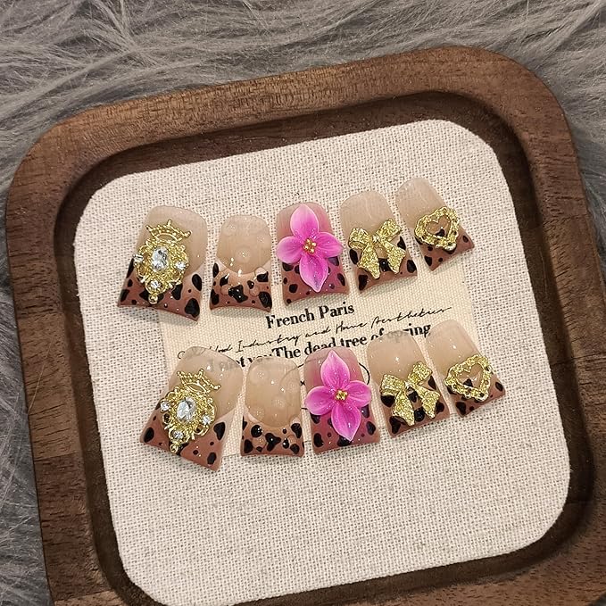 Y2K Punk Duckbill Coffin Nails,Brown Leopard French Tips Press on Nails with Kit,Soft Gel Fake Nails with 3D Charms Hearts Bows Flowers,Metallic Edgy False Nails with Rhinestone Winter Fall(L)