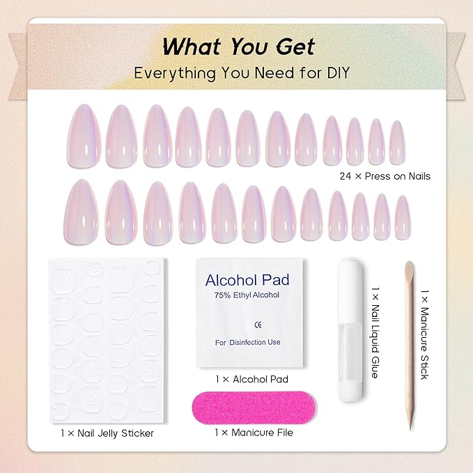 Chrome Press On Nails Almond, Glazed Iridescent Pink Glue on Nails Medium Press Ons, Acrylic Natural Fit Stick on Nails in 12 Sizes - 24Pcs Fake Nail Kit for Women Daily & Party Wear