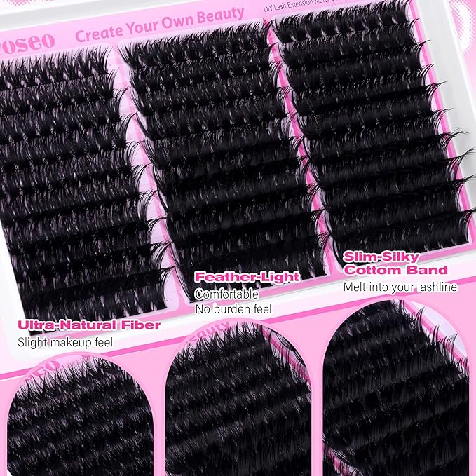 wiwoseo Fluffy Lash Clusters Kit Mink Lashes Clusters Kit Salon Like Eyelash Clusters Kit 80D+100D+120D Cluster Eyelash Extensions kit with Bond and Seal 10-18MM Full of Volume Individual Lashes Kit