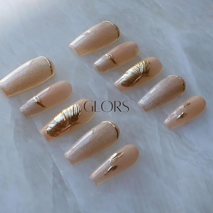 Press On Nails, Long Ballerina Style, Nude Pink with Gold Accents, 10 Pieces (Small,LB)
